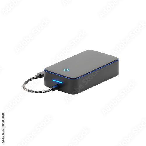 3D external hard drive icon (1).Modern portable power bank with blue led indicator light isolated on transparent background