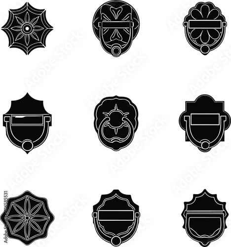 Vintage decorative door knocker icons featuring ornate shapes, classic metal designs, and traditional architectural elements in an elegant detailed vector illustration set