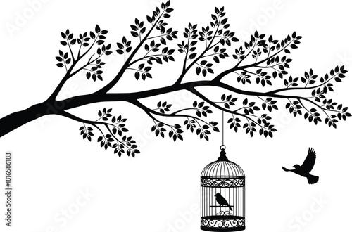 Birdcage silhouette, flying bird, tree branch, black vector, freedom concept, nature design, artistic layout, symbolic escape, wildlife icon, elegant sketch