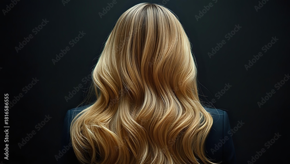 Naklejka premium Back view of woman with luxurious blonde wavy hair against dark background, showcasing professional salon styling for hair care advertising.
