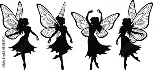 Fairy silhouette illustration, magical wings, fantasy art, whimsical fairies, dancing pose, mystical creatures, black outline, elegant design, folklore inspired, enchanted theme