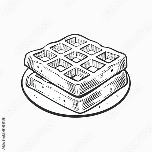 Detailed hand-drawn Belgian waffle illustration with vintage line art style, showing crisp texture and classic grid pattern on a clean white background.
