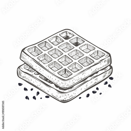 Detailed hand-drawn Belgian waffle illustration with vintage line art style, showing crisp texture and classic grid pattern on a clean white background.