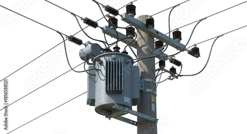 High voltage grey electrical transformer mounted on utility pole isolated on Transparent Background
