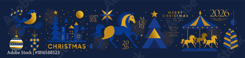 Christmas banner with a winter town, carousel horses, a festive tree, a pine cone, and a ball. Happy Chinese New Year 2026, the Year of the Horse. Stylish modern vector design for greeting card