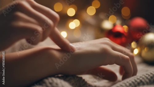 Wallpaper Mural Close up of hands applying moisturizer with bokeh lights and ornaments Torontodigital.ca