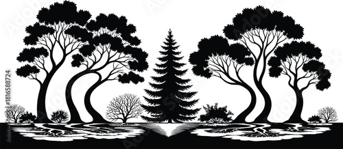 Forest silhouette, tree reflection, nature design, black vector, woodland scene, landscape art, botanical layout, symmetrical trees, artistic foliage, tranquil composition