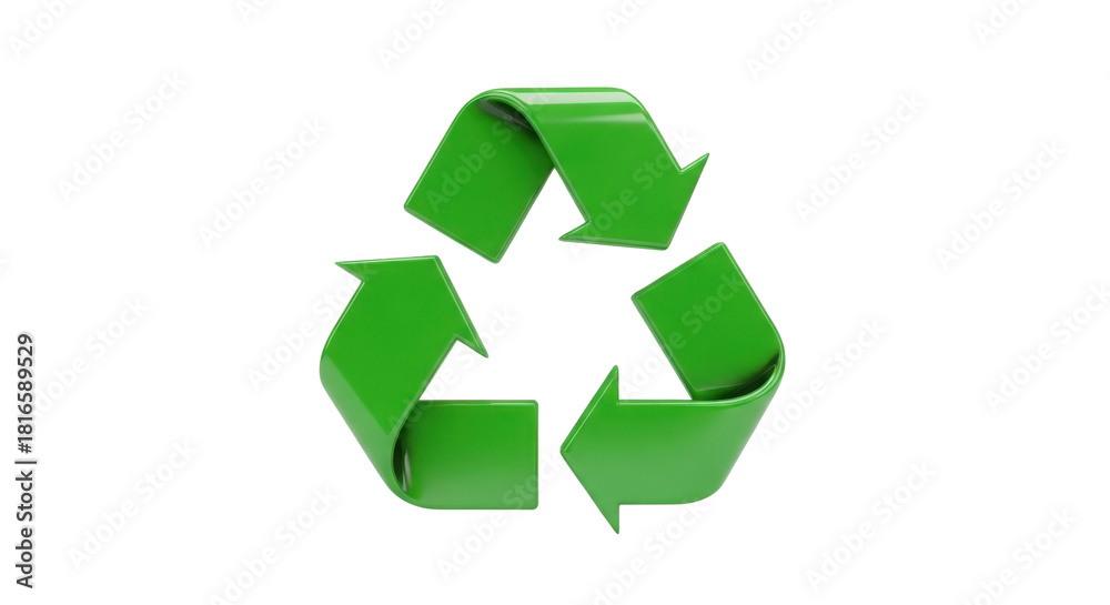 Obraz premium Bright Green Universal Recycling Symbol 3D Illustration isolated on Transparent Background