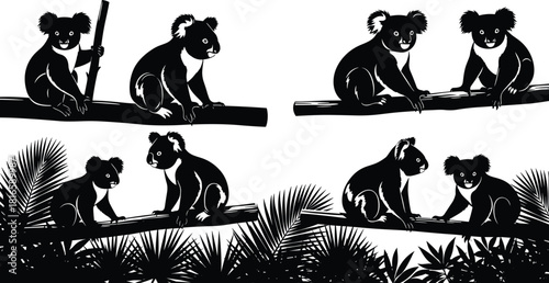 Koala silhouette, tree branch, wildlife pair, tropical foliage, black vector, nature design, animal sketch, forest layout, jungle theme, artistic composition