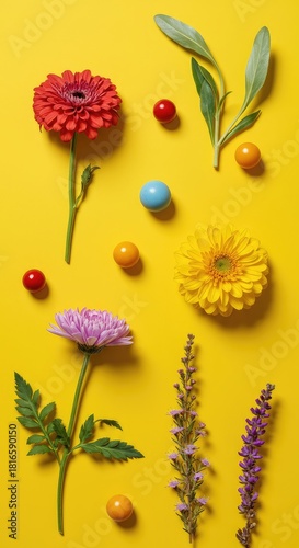 Bright seamless pattern featuring various colorful botanical elements and blooming flowers against a cheerful sunny yellow surface for decorative use ,cheerful ,textile ,flower