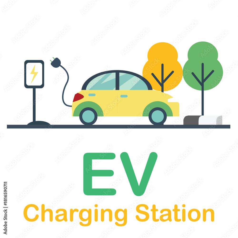 Naklejka premium Design Elements of electric vehicles yellow color with plug. Cars ready to be plugged into the charging station with the electric charging symbol. with object of tree and lens protection panel. 