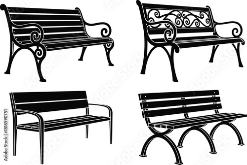 Park bench silhouette, urban furniture, outdoor seating, black illustration, public space, design element, garden bench, street furniture, classic style, modern shape
