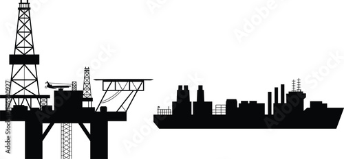Offshore oil platform and industrial ship cartoon vector set, petroleum infrastructure, helicopter pad, black silhouette, flat illustration, marine industry
