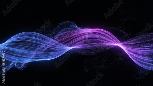 A flowing, luminous abstract design with swirling pink and blue particles on a black backdrop