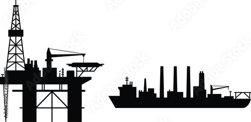 Offshore oil platform and industrial ship cartoon vector set, petroleum infrastructure, black silhouette, flat illustration, side view, marine industry