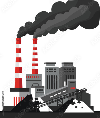 Industrial pollution cartoon vector set, factory with smokestacks, coal conveyor, black smoke, environmental damage, flat illustration