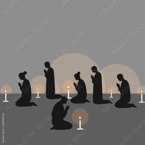 Silhouettes of people kneeling and praying with lit candles in a somber, spiritual setting.