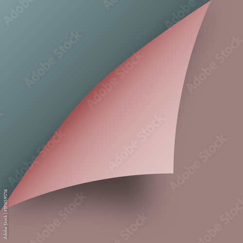 Colorful corner of a page curling at the edge, revealing a vibrant folded paper layer with a bright peeling sticker effect; the turning sheet casts a dynamic shadow across the document as the bent, mu