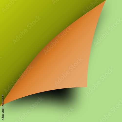 Colorful corner of a page curling at the edge, revealing a vibrant folded paper layer with a bright peeling sticker effect; the turning sheet casts a dynamic shadow across the document as the bent, mu