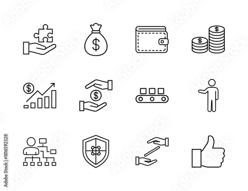 Business and finance line icon set. Vector pictograms of puzzle piece, money bag, wallet, organizational chart, security, and thumbs up, thin linear illustration.
