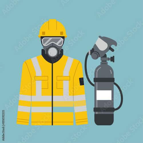 Illustration of a firefighter's protective gear, including a yellow jacket, helmet, gas mask, and oxygen tank.