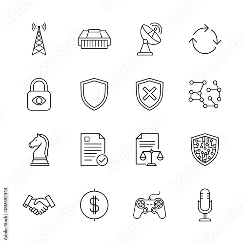 Technology, security, and business line icon set. Vector pictograms of antenna, router, shield, lock, network, document, handshake, dollar, controller, and microphone, thin linear illustration.