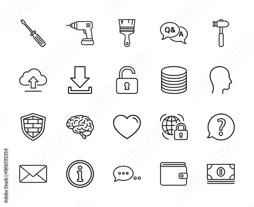 Universal web and business icon set. Vector pictograms of screwdriver, drill, hammer, cloud, padlock, database, brain, wallet, money, shield, email, and question, thin linear illustration.