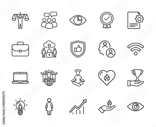 Business and personal development line icon set. Vector pictograms of scales, group, vision, document, briefcase, security, laptop, global team, growth, and ideas, thin linear illustration.
