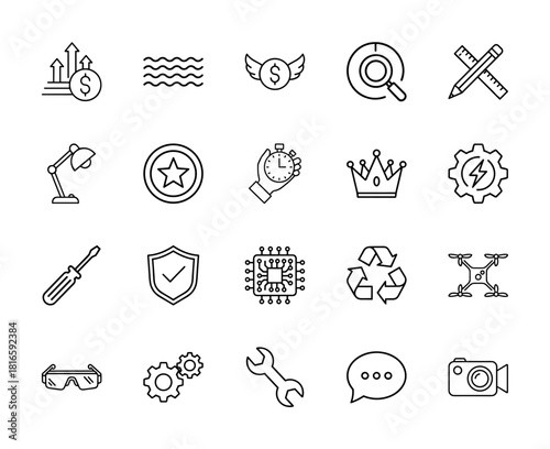 Modern utility and creative engineering line icon set. Vector pictograms of growth, stopwatch, microchip, drone, wrench, camera, thin linear illustration.