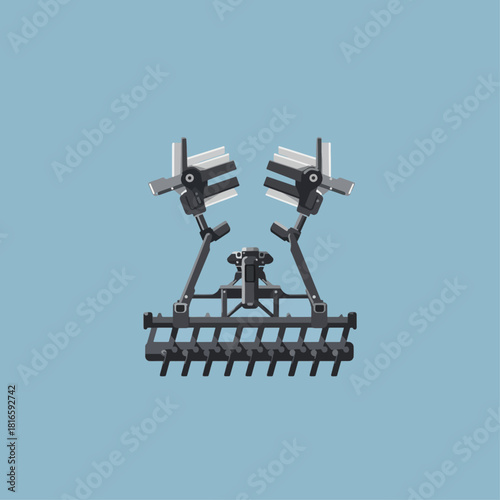 Agricultural implement for soil cultivation and preparation, featuring a row of tines and two upper spreading mechanisms.