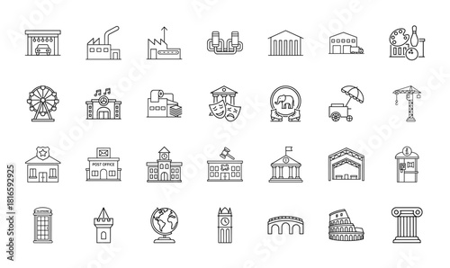 City, architecture, and service line icon set. Vector pictograms of factory, theater, police, post office, column, thin linear illustration.