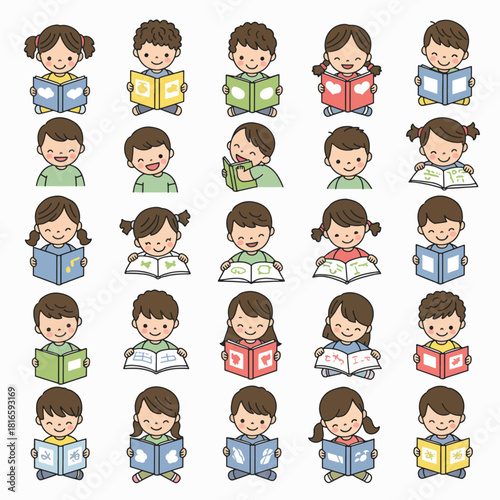 A grid of diverse children of various ethnicities and genders happily reading books, showcasing a love for learning and literacy.