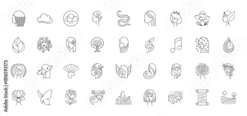 Beauty and nature line icon set. Vector pictograms of women profiles, trees, clouds, leaves, hats, flowers, butterflies, and music notes, thin linear illustration.