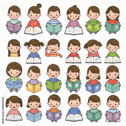 A diverse group of cheerful cartoon children of various ethnicities and genders, happily reading books, illustrating the joy of reading and education.