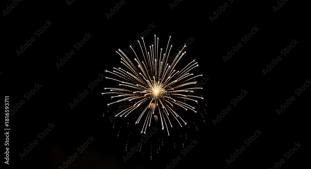 Fototapeta premium Radiant Golden Firework Explosion Illuminating the Dark Night Sky with a Dazzling Starburst of Sparks, Symbolizing Celebration and Festive Joy.