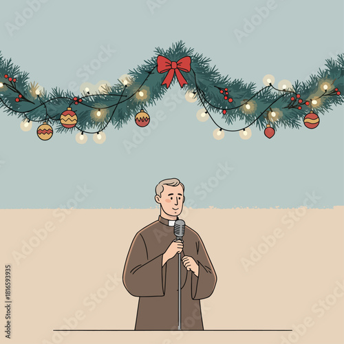 A clergyman holding a microphone under a festive Christmas garland with lights and ornaments, speaking or singing.