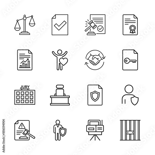 Law and justice line icon set. Vector pictograms of scales, legal documents, gavel, agreement, jury, security, and prison, thin linear illustration.