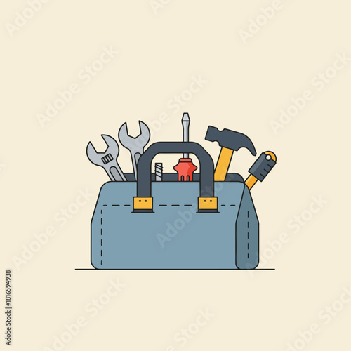 A blue toolbox filled with various hand tools like wrenches, a hammer, and screwdrivers, depicted in a flat design style.