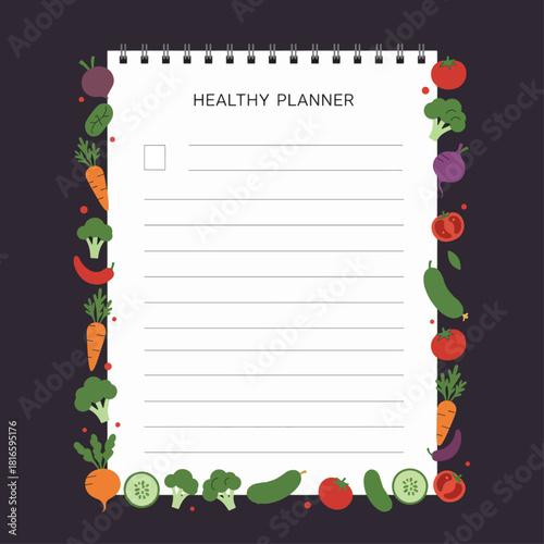 A healthy planner with a border of fresh vegetables and fruits, perfect for meal planning and healthy living.