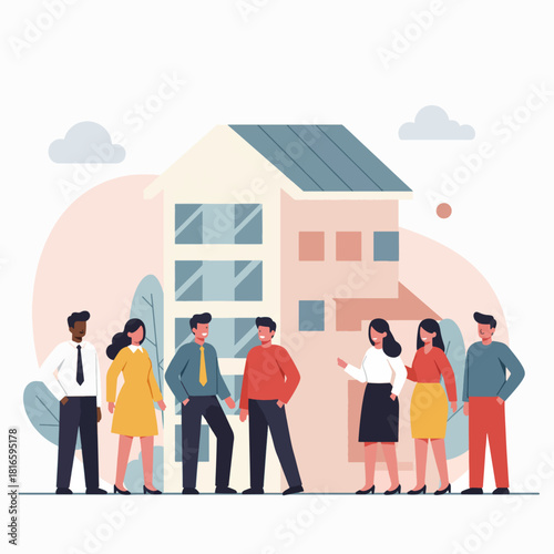 A diverse group of people standing in front of a modern building, discussing real estate or community matters.