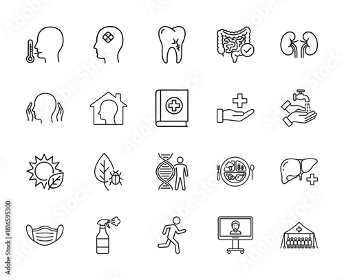 Healthcare line icon set. Vector pictograms of thermometer, bandage, tooth, intestines, kidneys, hand wash, DNA, face mask, running, and medical tent, thin linear illustration.