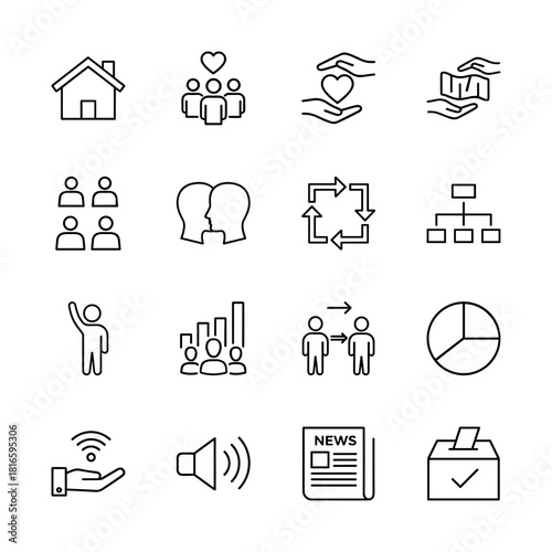 Social and communication line icon set. Vector pictograms of home, groups, support, money, interaction, hierarchy, data, news, and voting, thin linear illustration.