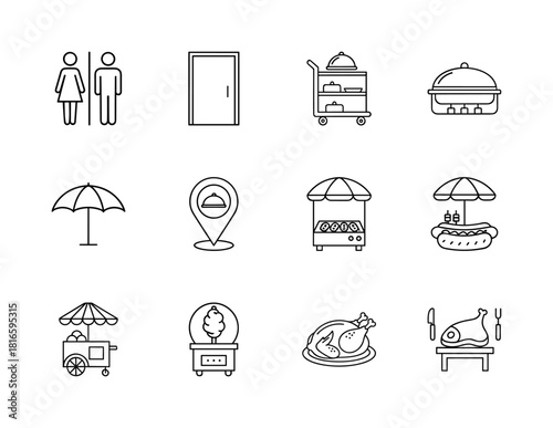 Hospitality and food service line icon set. Vector pictograms of restroom signs, door, roasted chicken, and meat carving, thin linear illustration.