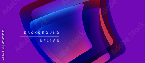 Abstract purple design features layered translucent squares. Gradient colors blend from blue to red. Text reads background design. Minimalist composition.