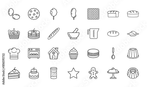 Baking and cooking line icon set. Vector pictograms of eggs, cookie, bread, pancakes, oven, chef hat, cupcakes, macarons, and various desserts, thin linear illustration.
