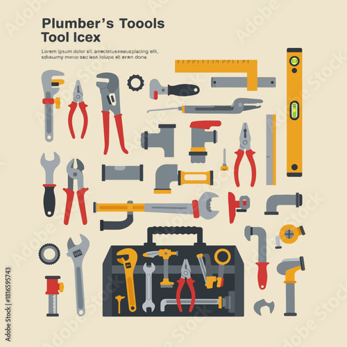 A comprehensive flat design illustration showcasing a wide array of plumber's tools, including wrenches, pliers, pipe fittings, levels, and a toolbox, set against a light background.