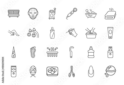 Beauty and spa line icon set. Vector pictograms of tanning bed, face mask, massager, bathtub, towels, cupping, lotion, hair clipper, and bath bomb, thin linear illustration.