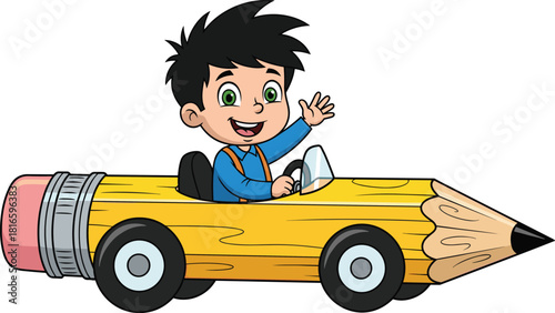 Cartoon child driving pencil car, educational concept, creative vehicle, cheerful boy, vector illustration, school theme, playful design, learning icon, yellow pencil, waving child, imaginative