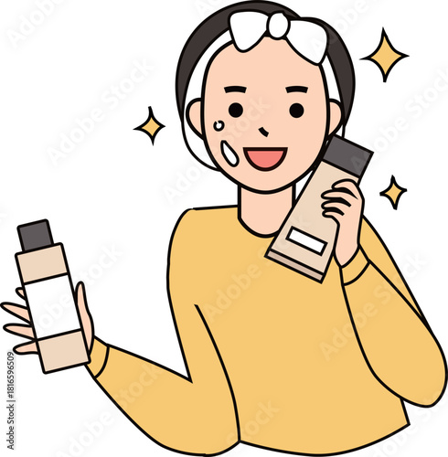 美容ケア用品を紹介する女性のイラスト