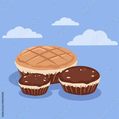 Three delicious chocolate cupcakes and a pie with a lattice top against a blue sky with clouds.